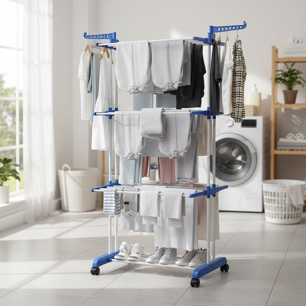 Étendoir à Linge Multi-Niveaux Pliable avec Roulettes et Grande Capacité