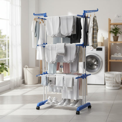 Étendoir à Linge Multi-Niveaux Pliable avec Roulettes et Grande Capacité