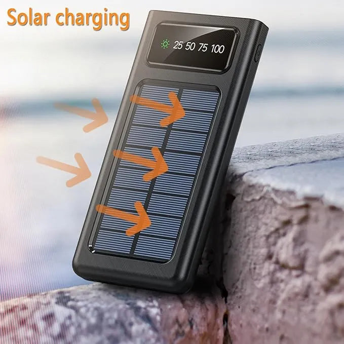 Batterie Externe Solaire 500000mAh avec Charge Rapide et 4 Câbles Intégrés