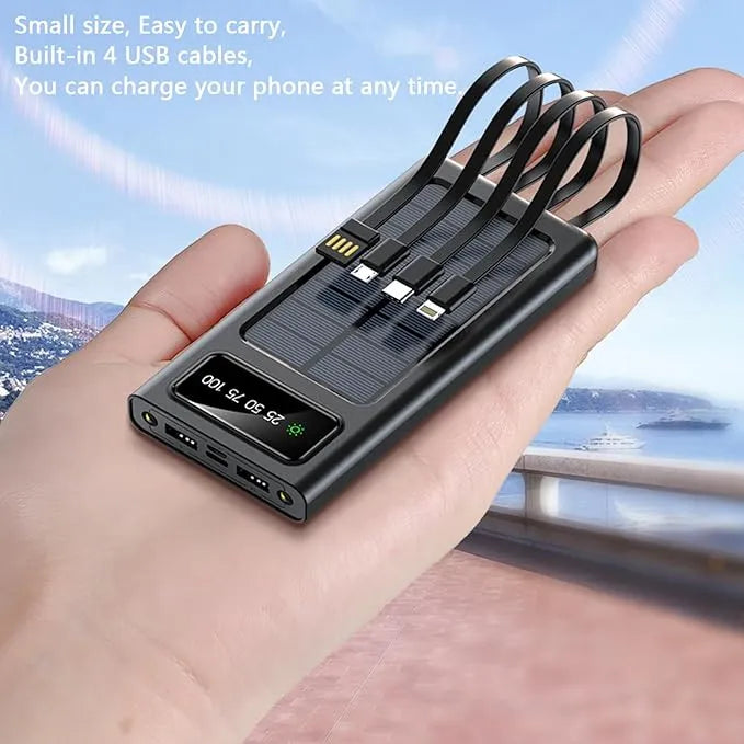 Batterie Externe Solaire 500000mAh avec Charge Rapide et 4 Câbles Intégrés