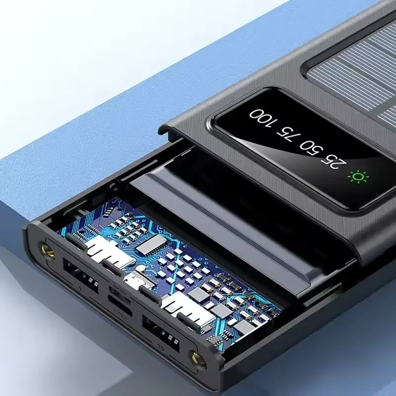Batterie Externe Solaire 500000mAh avec Charge Rapide et 4 Câbles Intégrés