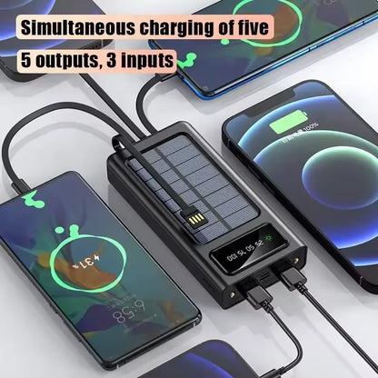 Batterie Externe Solaire 500000mAh avec Charge Rapide et 4 Câbles Intégrés
