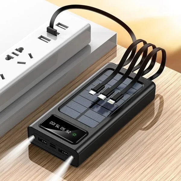 Batterie Externe Solaire 500000mAh avec Charge Rapide et 4 Câbles Intégrés